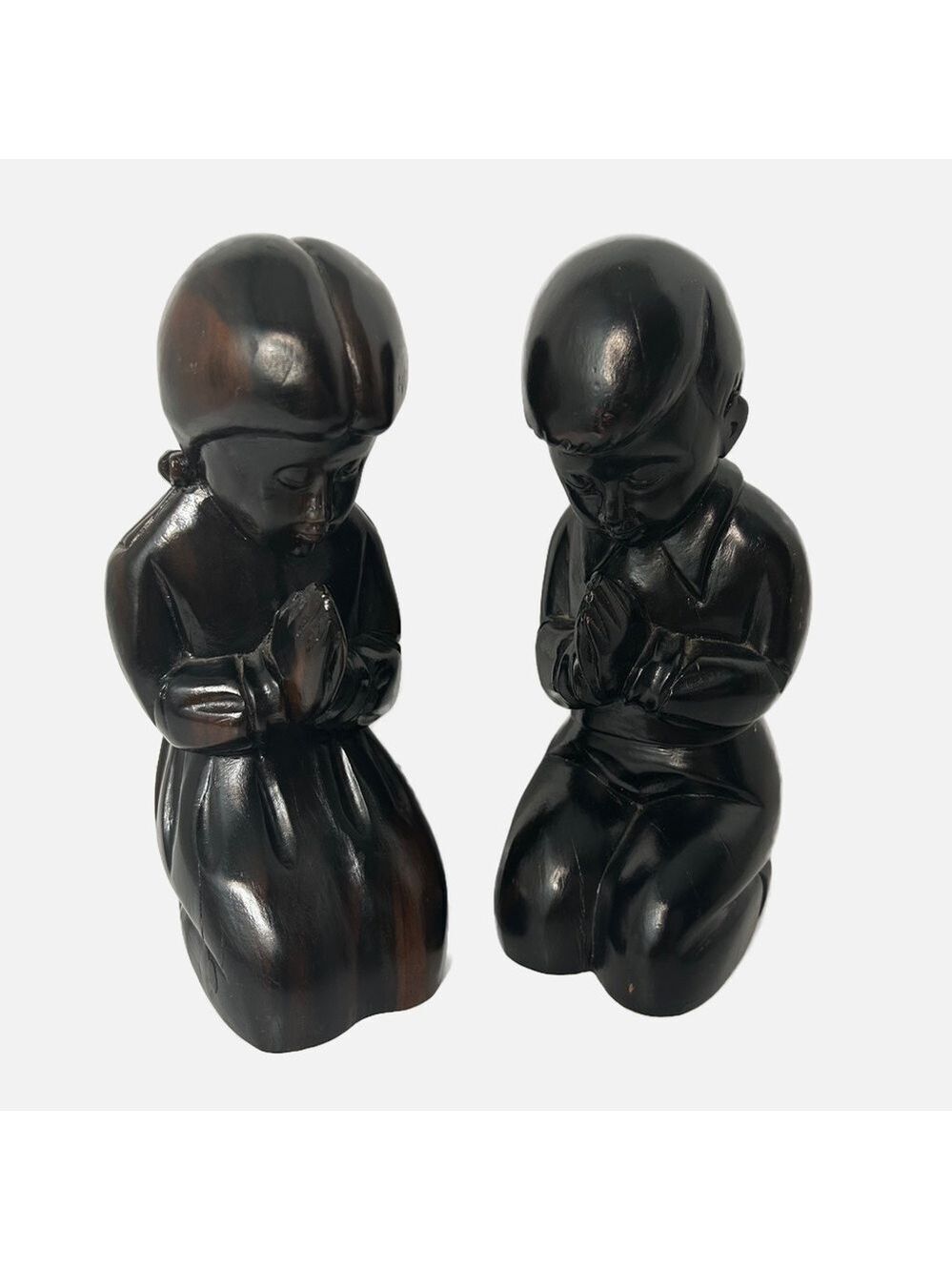 Vintage Ironwood Sculpture Praying Kneeling Boy and Girl Set Bookends